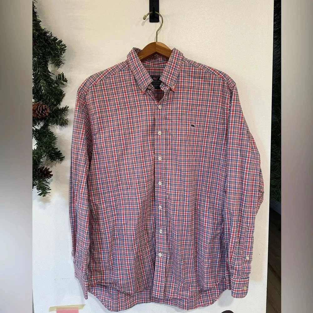 Vineyard Vines Men’s Button Down Slim Fit Whale Shirt Plaid Large Blue Red White